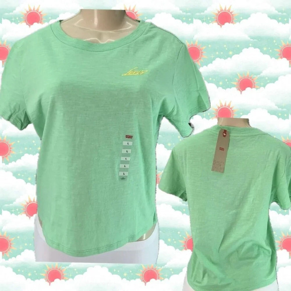 Levi's L Green Crew Neck Yellow Logo Name Graphic Cotton Short Sleeve Crop Tee - Picture 1 of 6